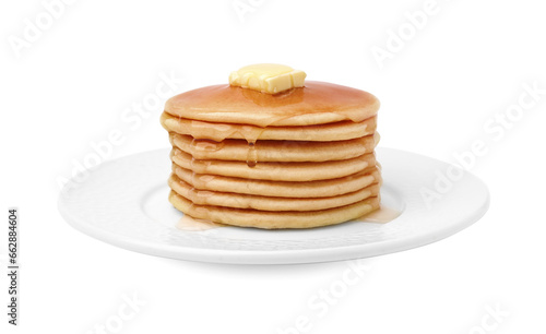 Delicious pancakes with honey and butter isolated on white
