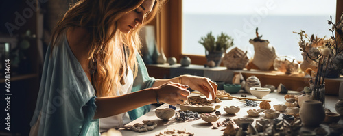 Canvas Print Young woman creating miniature ceramic works as a hobby
