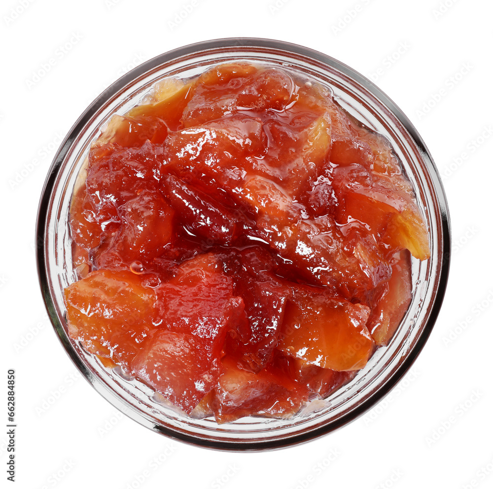 Glass jar of delicious apple jam isolated on white, top view