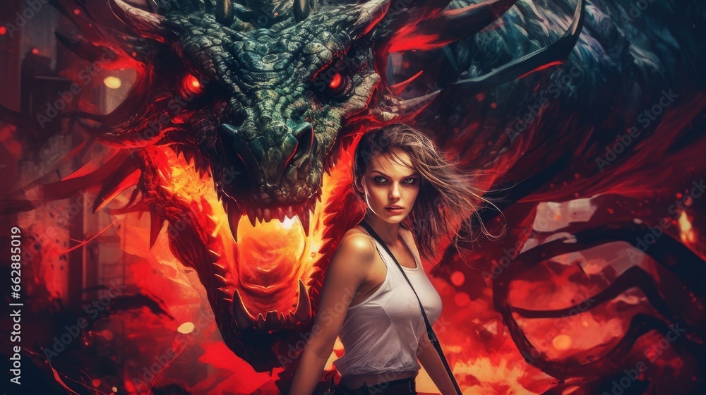 woman witch and green fire dragon
woman witch and green fire dragon