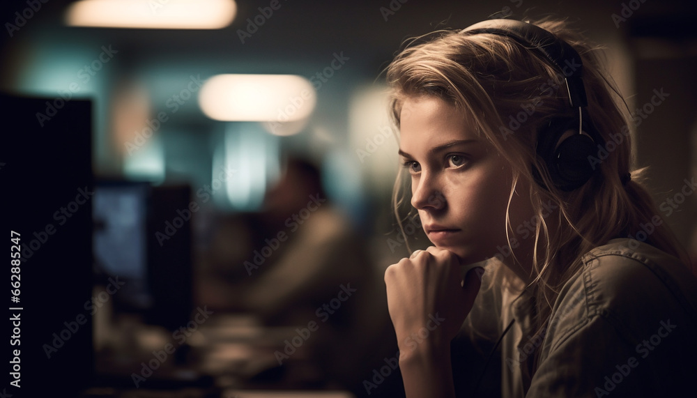 Young woman sitting indoors, listening to music with headphones generated by AI