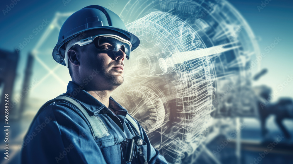 Double exposure of an engineer wearing a protective helmet against a backdrop of turbines. Environmental concept. Double exposure of an engineer wearing a protective helmet against a backdrop of turbines. Environmental concept.