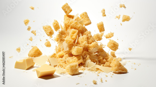 Chunks of hard cheese fall against a light-colored background
