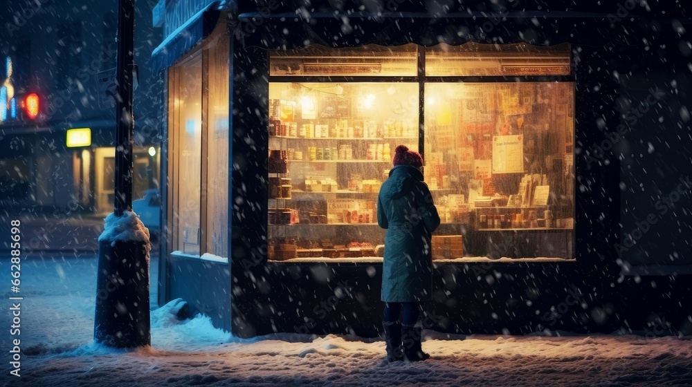 woman in the snow at night on the street woman in the snow at night on the street