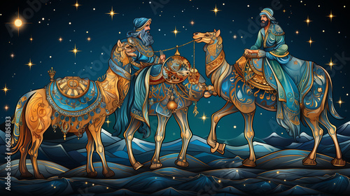 Three Wise Men: The iconic figures of the Three Wise Men riding on camels and bearing gifts. © Наталья Евтехова