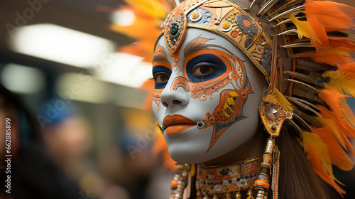 Elaborate Costumes: Close-up of participants in intricate, culturally inspired costumes and masks.