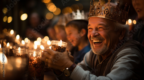 Holiday Cheer: People of all ages, wearing crowns and carrying lanterns, spreading festive cheer.