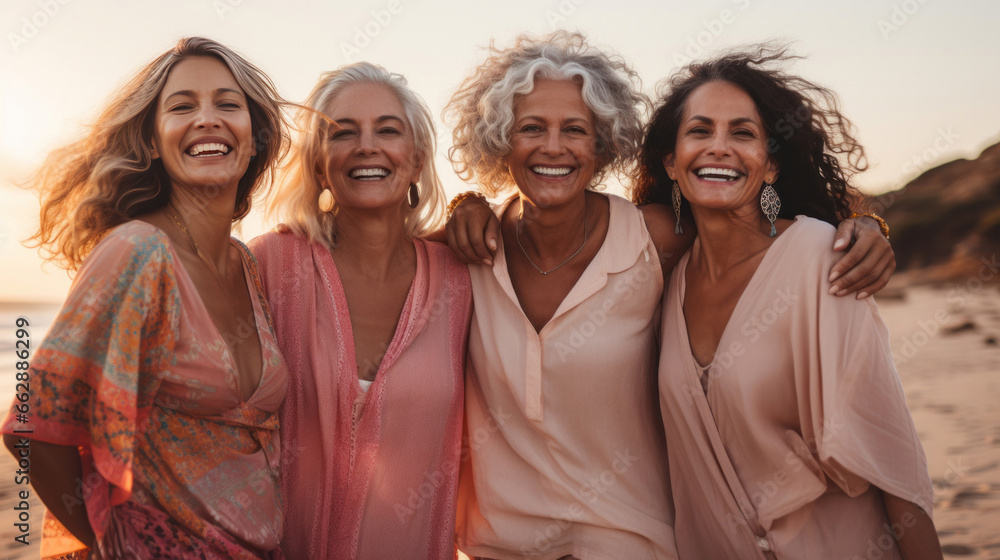 Happy senior friends on beach. Sunset, golden hour. Happy senior friends on beach. Sunset, golden hour.