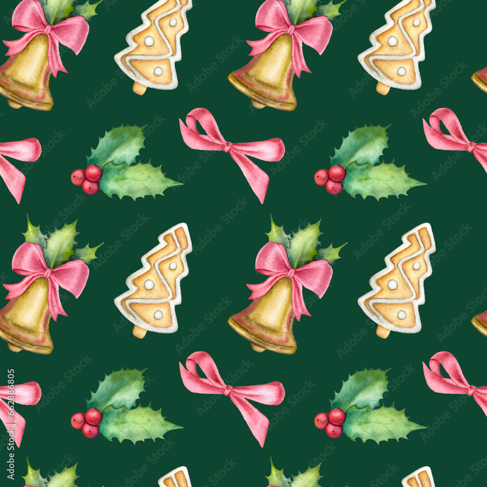 Seamless watercolor Christmas pattern with ginger bread, bell, holly and red ribbon on the dark green background. Magical Christmas pattern. Seamless watercolor Christmas pattern with ginger bread, bell, holly and red ribbon on the dark green background. Magical Christmas pattern.