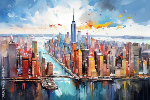 oil painting on canvas, Manhattan skyline panorama at sunset , New York City, USA. (ai generated)