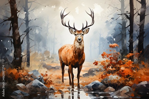 watercolor painting of deer in the forest