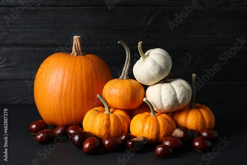 Thanksgiving day. Beautiful composition with pumpkins on black table