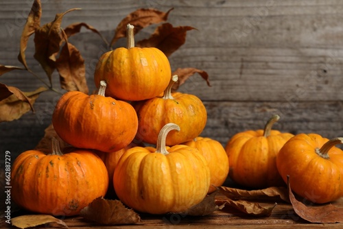 Thanksgiving day. Beautiful composition with pumpkins on table against wooden wall  space for text