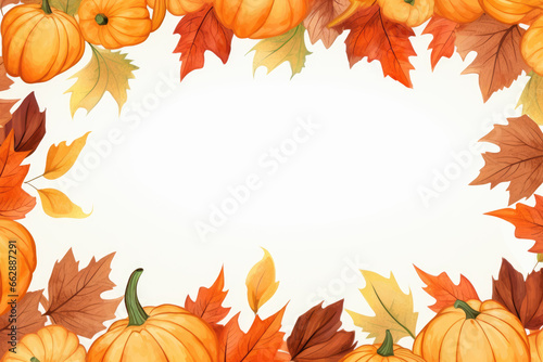 Thanksgiving Card With Frame Made Of Autumn Leaves And Pumpkins And Copy Space For Text. Minimalist Flat Illustration. Ai Generated 