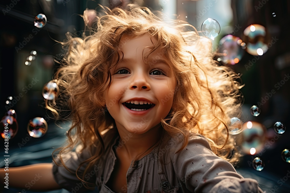 Smiling girl and soap bubbles