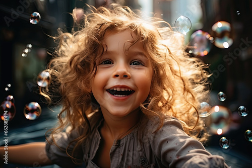 Smiling girl and soap bubbles