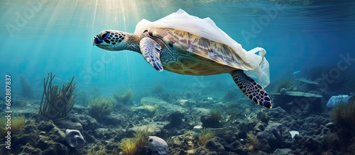 Floating plastic bag poses danger to marine turtles on reef With copyspace for text