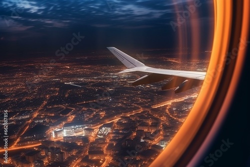 Night city view from airplane window. Night cityscape illuminating city lights. Travel and tourism concept. Generative AI