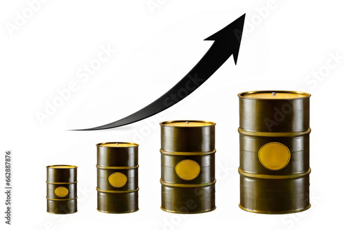 Increase in crude oil barrel prices. Illustration of four barrels of crude oil arranged from smallest to largest with an upward arrow above them, isolated on a white background. Concept of war-related photo