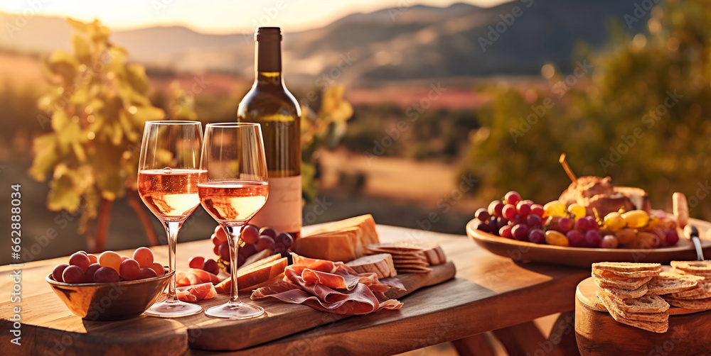 Bottle and glasses of pink rose wine with snack board on table on summer romantic evening.Macro.AI Generative
