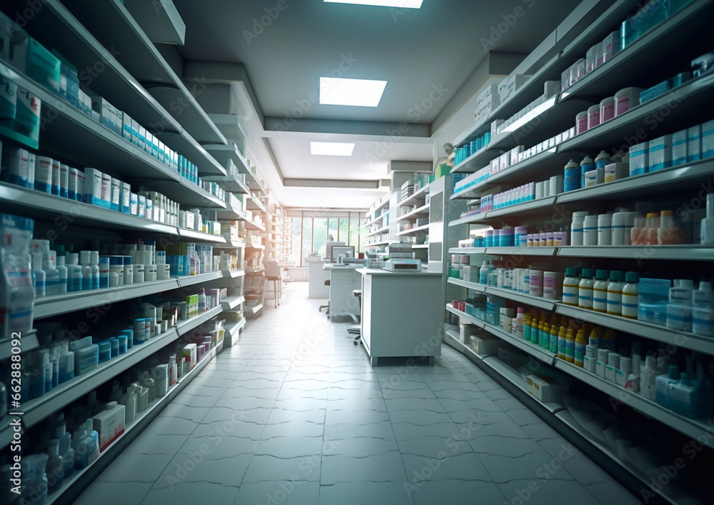 Empty modern pharmacy drug store with shelves.Macro.AI Generative Empty modern pharmacy drug store with shelves.Macro.AI Generative