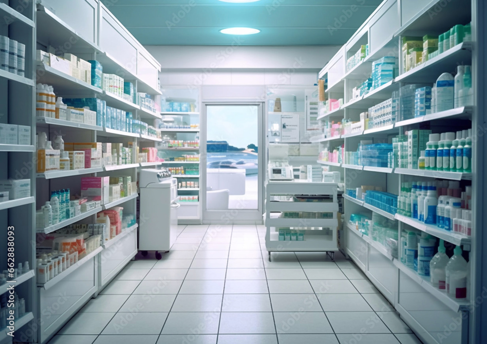 Empty modern pharmacy drug store with shelves.Macro.AI Generative