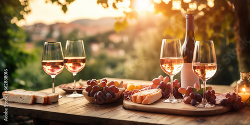 Various wine snack with cheese,bread,olives,ham and fruit with pink rose wine bottle and glasses.Macro.AI Generative