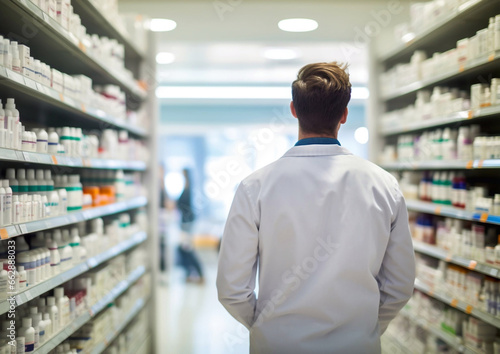 Male pharmacist consultant at pharmacy walking between shelves.Macro.AI Generative