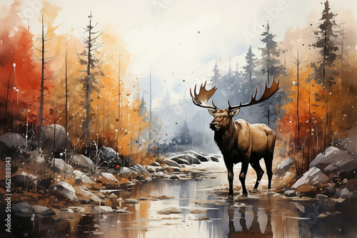 watercolor painting of a moose in the woods © Chandler