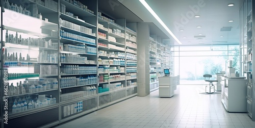 Empty modern pharmacy drug store with shelves.Macro.AI Generative