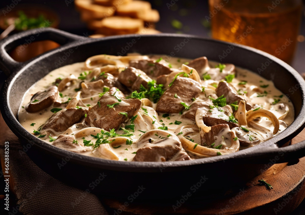 Beef stroganoff meal with mushrooms and sour cream gravy sauce in deep pan.Macro.AI Generative Beef stroganoff meal with mushrooms and sour cream gravy sauce in deep pan.Macro.AI Generative