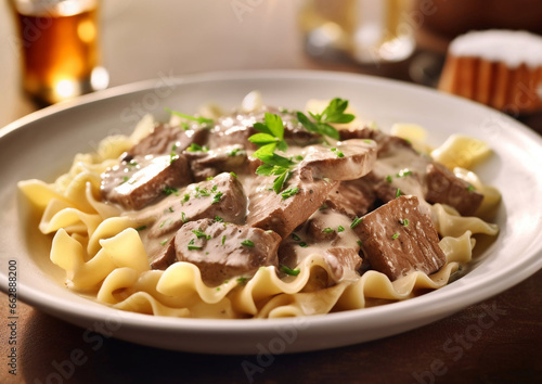 Plate with beef stroganoff and pasta with sour cream gravy sauce on kitchen table.Macro.AI Generative