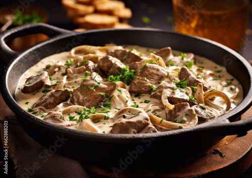 Beef stroganoff meal with mushrooms and sour cream gravy sauce in deep pan.Macro.AI Generative photo