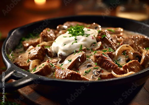 Beef stroganoff meal with mushrooms and sour cream gravy sauce in deep pan.Macro.AI Generative