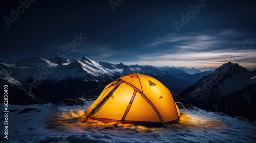 Camping tent in the mountains at night