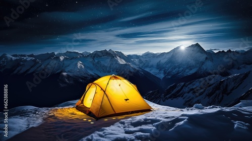 Camping tent in the mountains at night