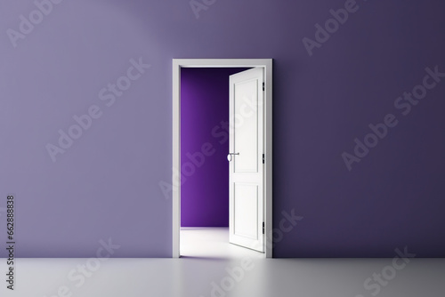 Traditional purple backdrop with copy space and a classic white glass door opening. Illustration of a welcome home theme. Generative AI