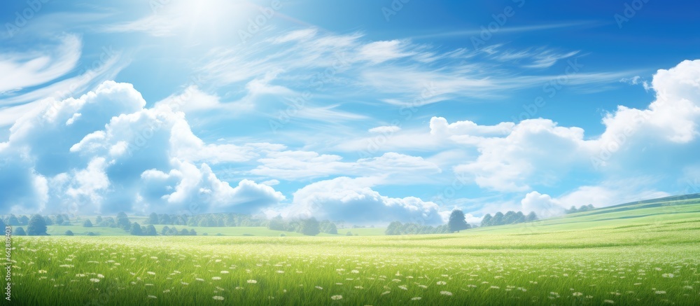 Blue sky and sunlight illuminating a spring field With copyspace for text