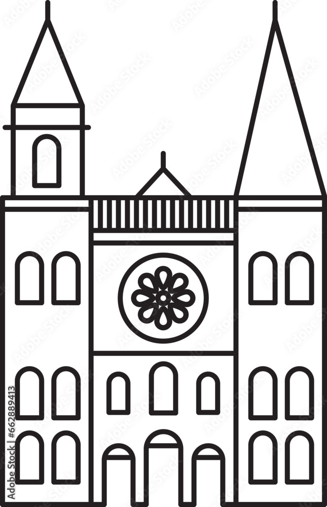 Simple black flat outline drawing of the French historical landmark monument of the OUR LADY OF CHARTRES CATHEDRAL, CHARTRES Simple black flat outline drawing of the French historical landmark monument of the OUR LADY OF CHARTRES CATHEDRAL, CHARTRES