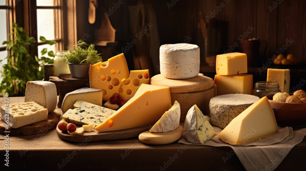 Set of different cheeses on wooden desk.
