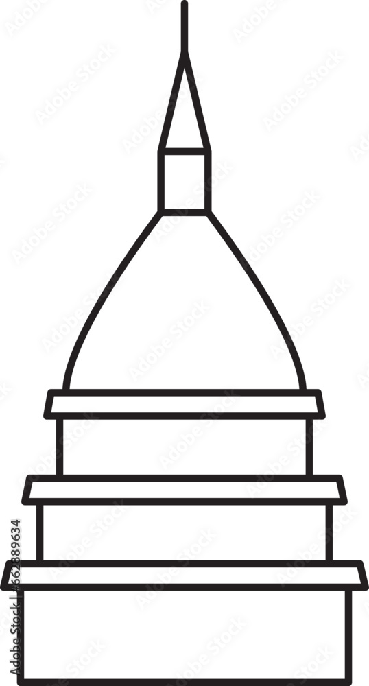 Simple black flat outline drawing of the Italian historical landmark monument of the MOLE ANTONELLIANA, TURIN Simple black flat outline drawing of the Italian historical landmark monument of the MOLE ANTONELLIANA, TURIN