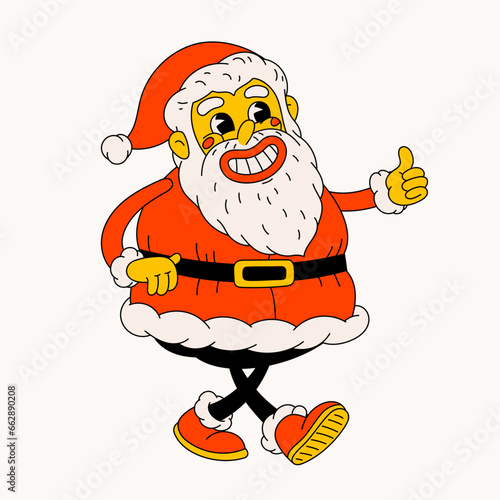 Retro style Funny cartoon Santa Claus. Groovy vintage 70s Santa character giving a thumbs up. Ideal for Christmas and New Year sticker designs and decorations,