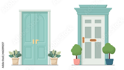 Blue front door with two pots with plants. Cartoon house illustration