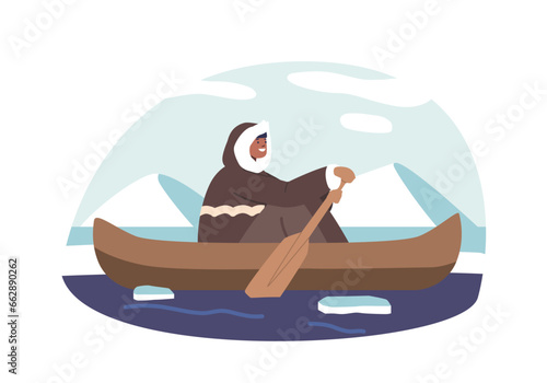 Eskimo Character Navigates Boat Through Icy Waters, Showcasing Their Intimate Connection With The Arctic Environment