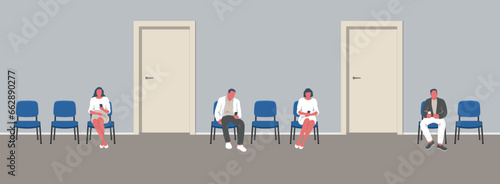 People in the waiting room. People waiting in line. Men and women sit on chairs and look at their phones. Waiting hall in a blue color. Corridor interior. Blue chairs near the doors. Vector