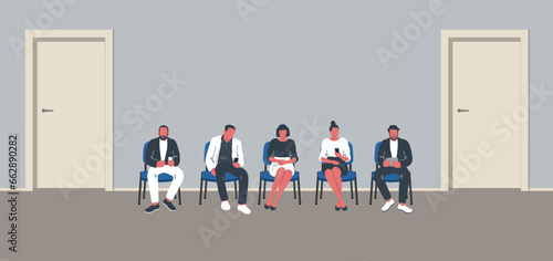 People in the waiting room. People waiting in line. Men and women sit on chairs and look at their phones. Waiting hall in a blue color. Corridor interior. Blue chairs near the doors. Vector.