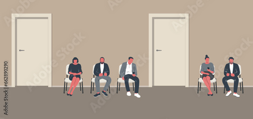 People in the waiting room. People waiting in line. Men and women sit on chairs and look at their phones. Waiting hall in beige color. Corridor interior. White chairs near the doors. Vector