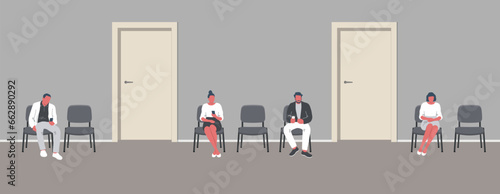 People in the waiting room. People waiting in line. Men and women sit on chairs and look at their phones. Waiting hall in gray color. Corridor interior. Chairs near the doors. Vector