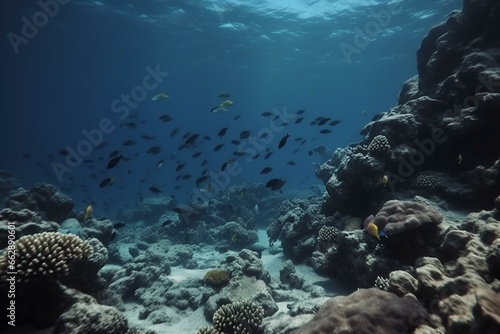 Underwater scene in Egypt with colorful fish groups in a coral reef and clean ocean water. Dark mood. Generative AI