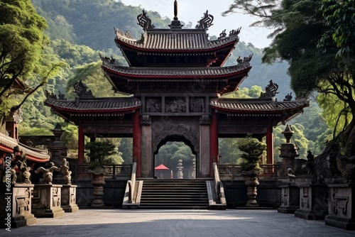 Traditional Asian temple with an arch dedicated to religion. Generative AI